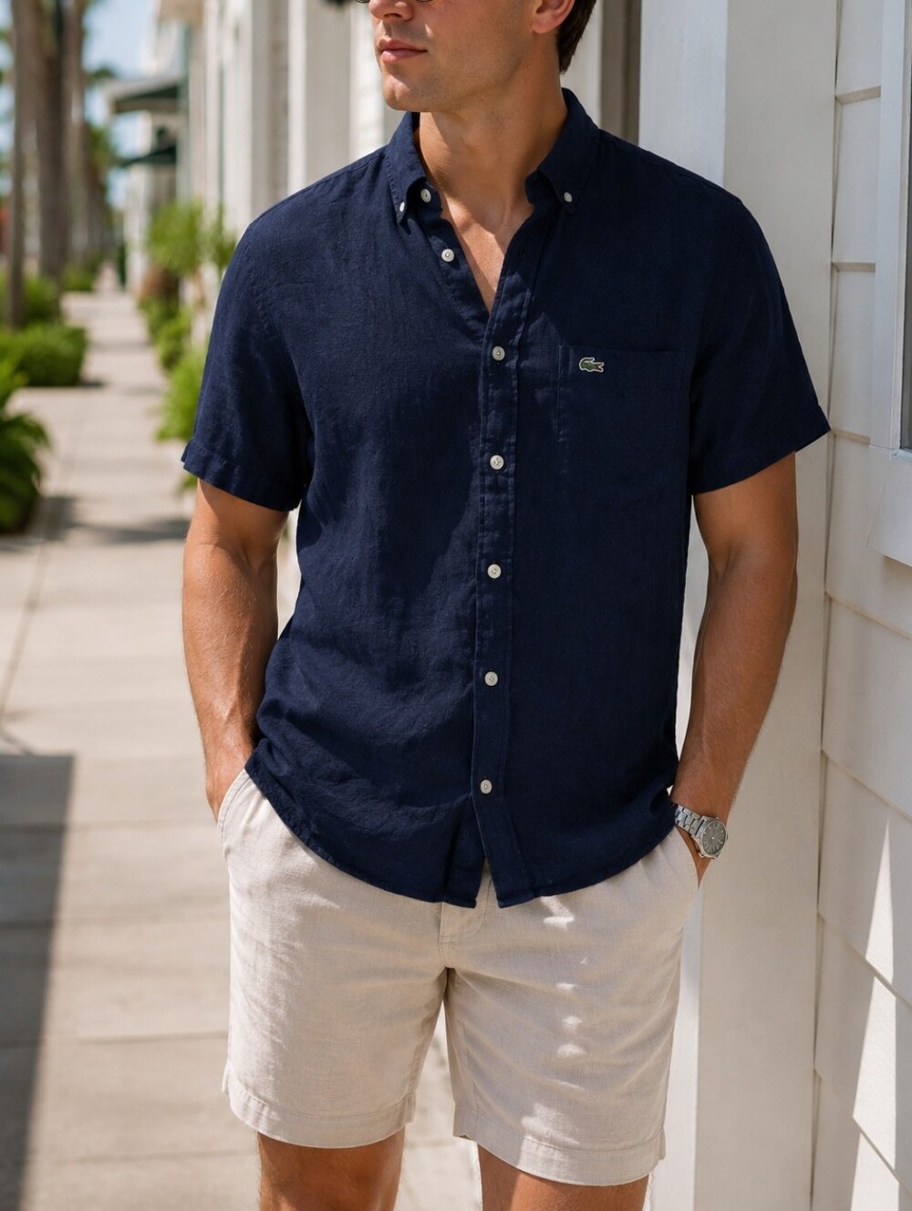 Lacoste 100% Linen Navy Short Sleeve Button-Down Shirt Men's Classic Preppy